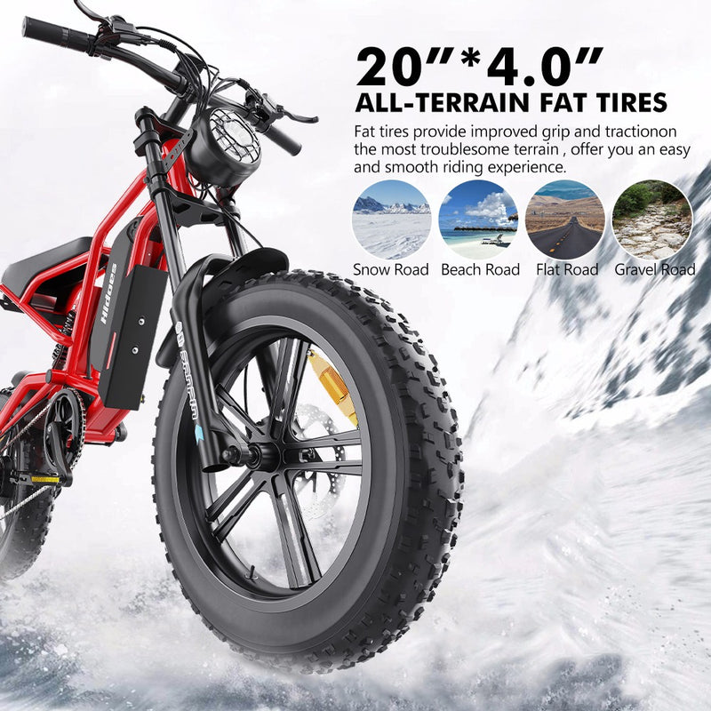 Hidoes B6 Electric Fat Bike - 1200W Motor, 48V 15Ah Battery, 50 Mile Range, 20 Tires Red