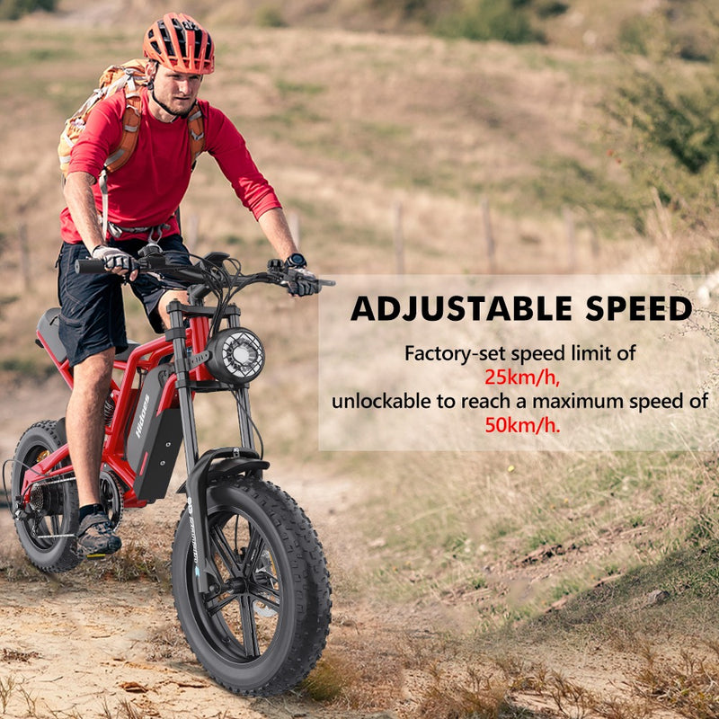 Hidoes B6 Electric Fat Bike - 1200W Motor, 48V 15Ah Battery, 50 Mile Range, 20 Tires Red