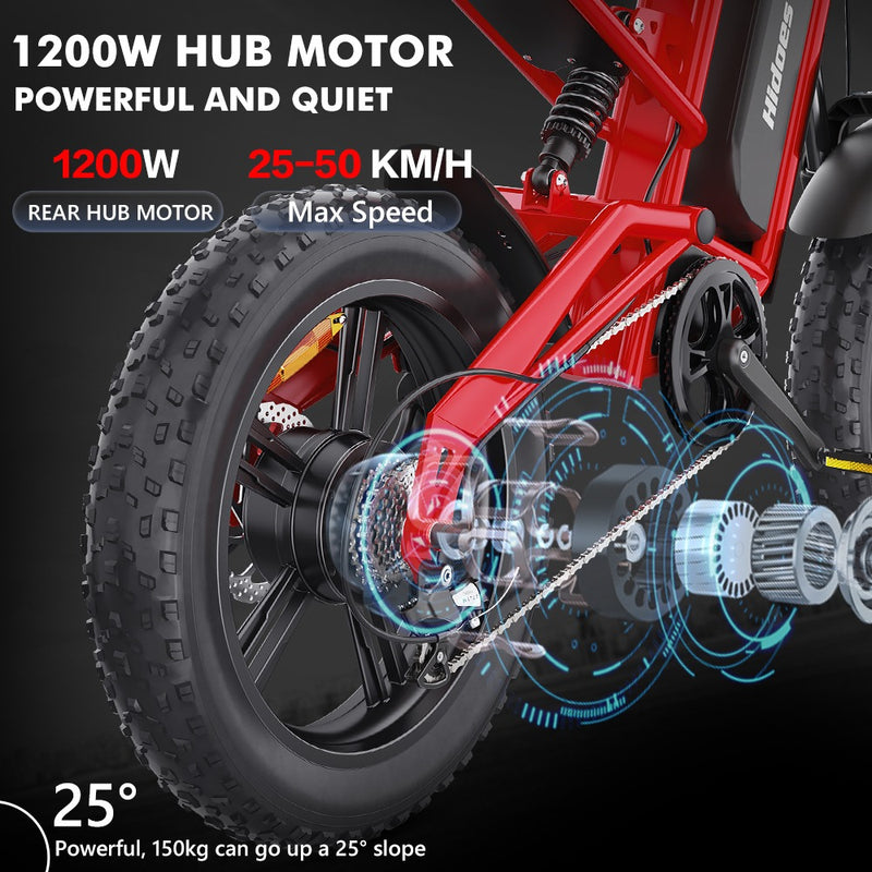 Hidoes B6 Electric Fat Bike - 1200W Motor, 48V 15Ah Battery, 50 Mile Range, 20 Tires Red