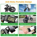 ADO A16+ Lightweight Folding Electric Bike Battery Life Up to 40 Miles - Alloy Bike